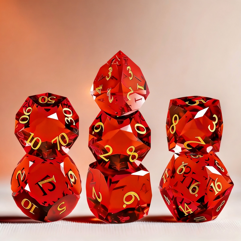 7-piece bold red with internal crystal luminescence crystal DND dice set for tabletop RPG