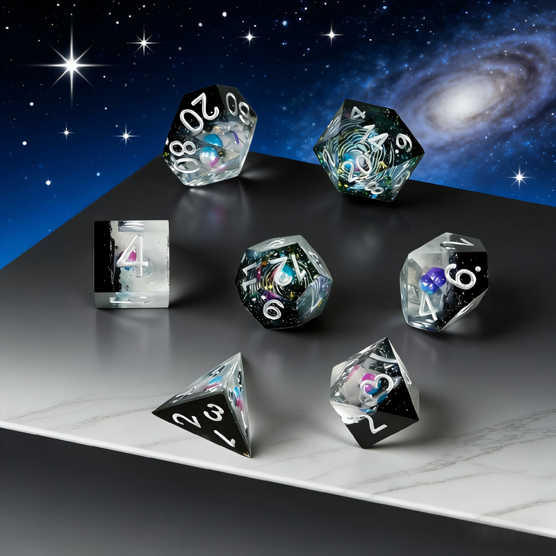 deep space black with gold and silver glitter polyhedral dice set — D4 D6 D8 D10 D12 D20 for D&D 5e