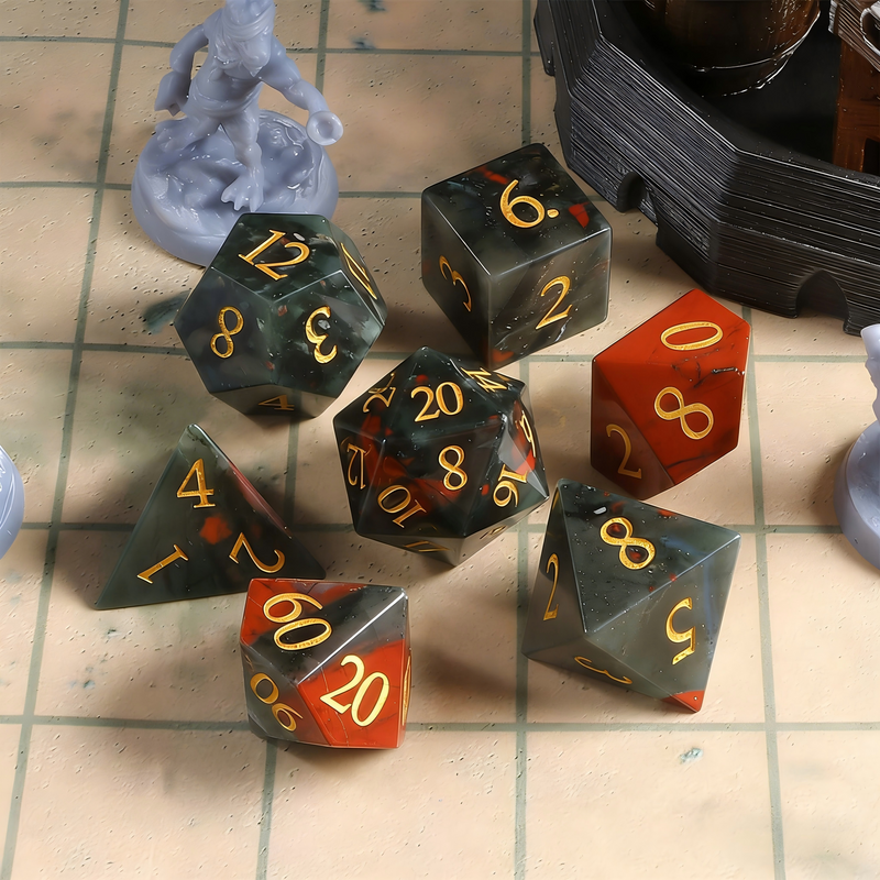 natural bloodstone polyhedral dice for Dungeons and Dragons — natural stone 7-piece set