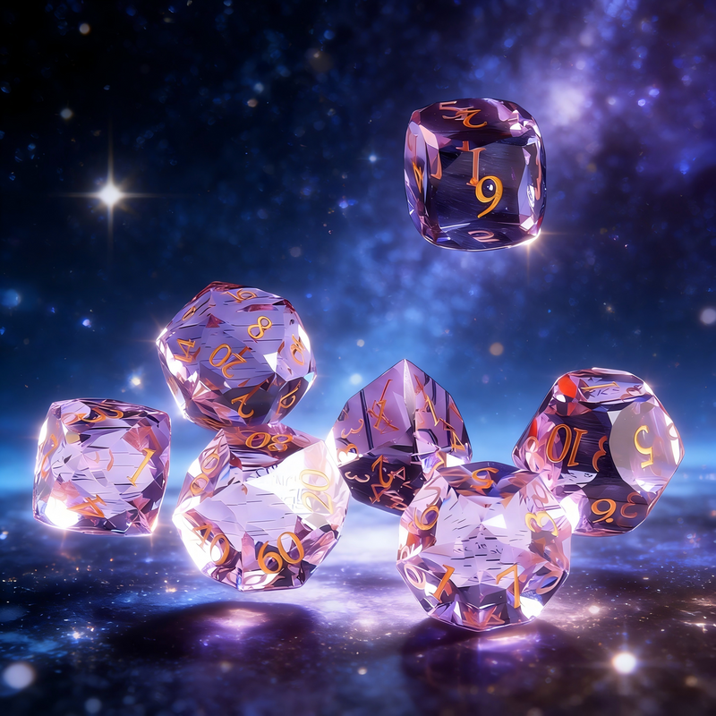 K9 crystal polyhedral dice for Dungeons and Dragons — soft lavender with diamond-precision facets