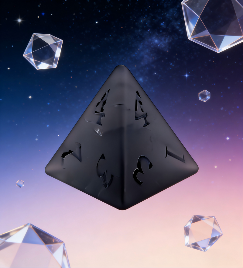 Close-up of K9 crystal D20 die — frosted gray with lightning-like internal fractures for tabletop RPG
