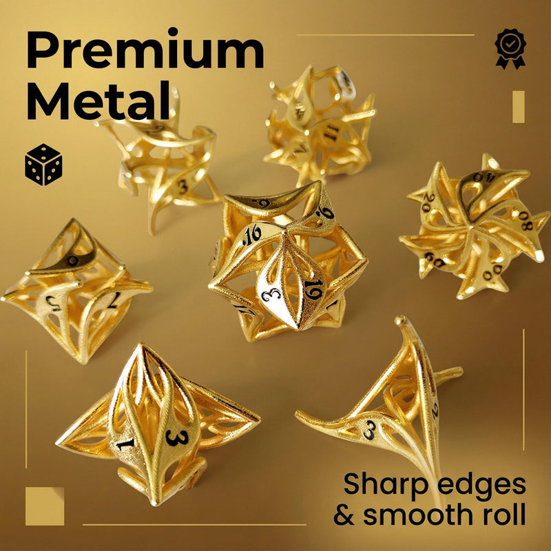 Metal polyhedral dice for Dungeons and Dragons — warm copper-gold with hollow floral cut-out patterns zinc alloy