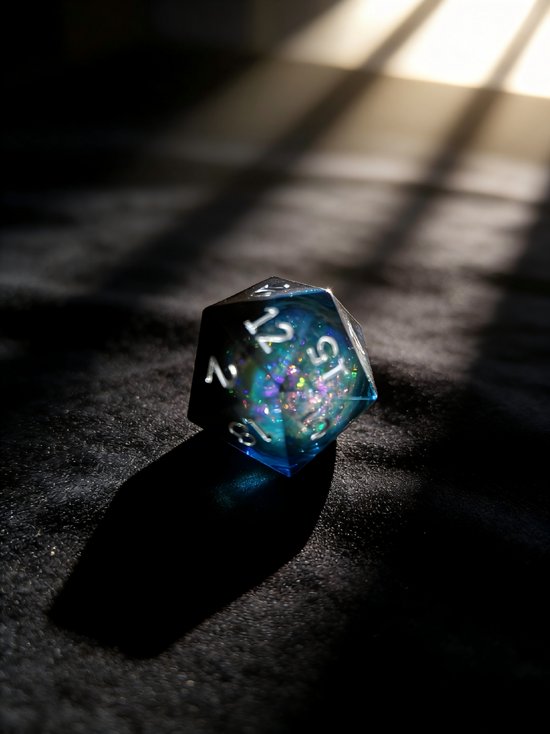clear with swirling iridescent liquid core dice detail shot — liquid core effect for DND