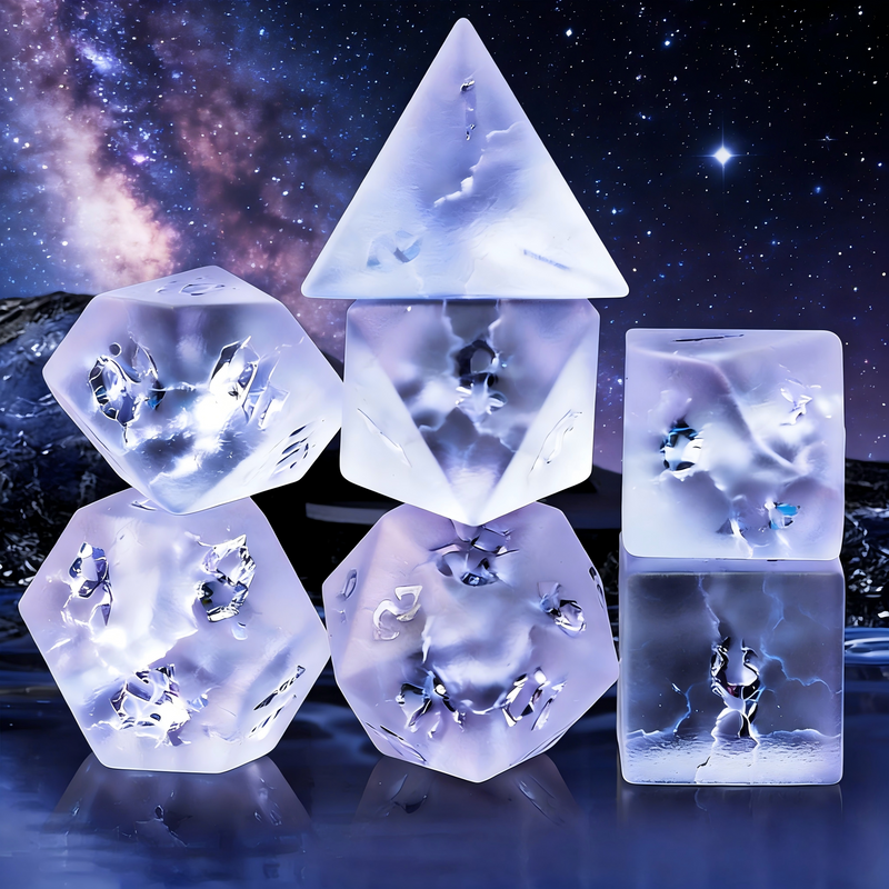 Frosted Crackle Lavender Dice Set — premium crystal dice for tabletop RPG