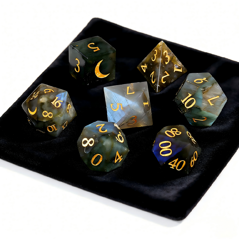 labradorite polyhedral dice for Dungeons and Dragons — natural stone 7-piece set