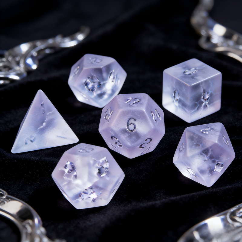 soft lavender frosted with white crackle veining crystal dice close-up — engraved numerals for DND
