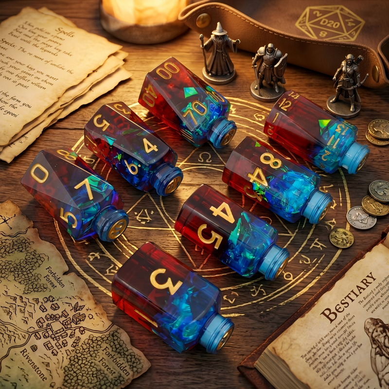 Close-up of Magic Potion Resin Dice — tabletop RPG dice set