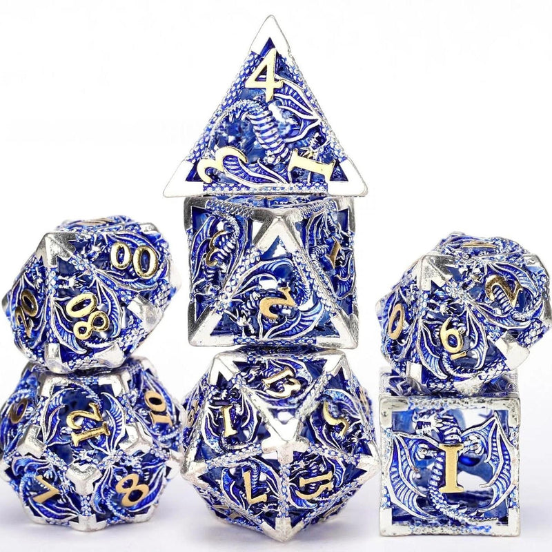 Close-up of Hollow Cthulhu Dragon Metal D20 — tabletop RPG dice set
