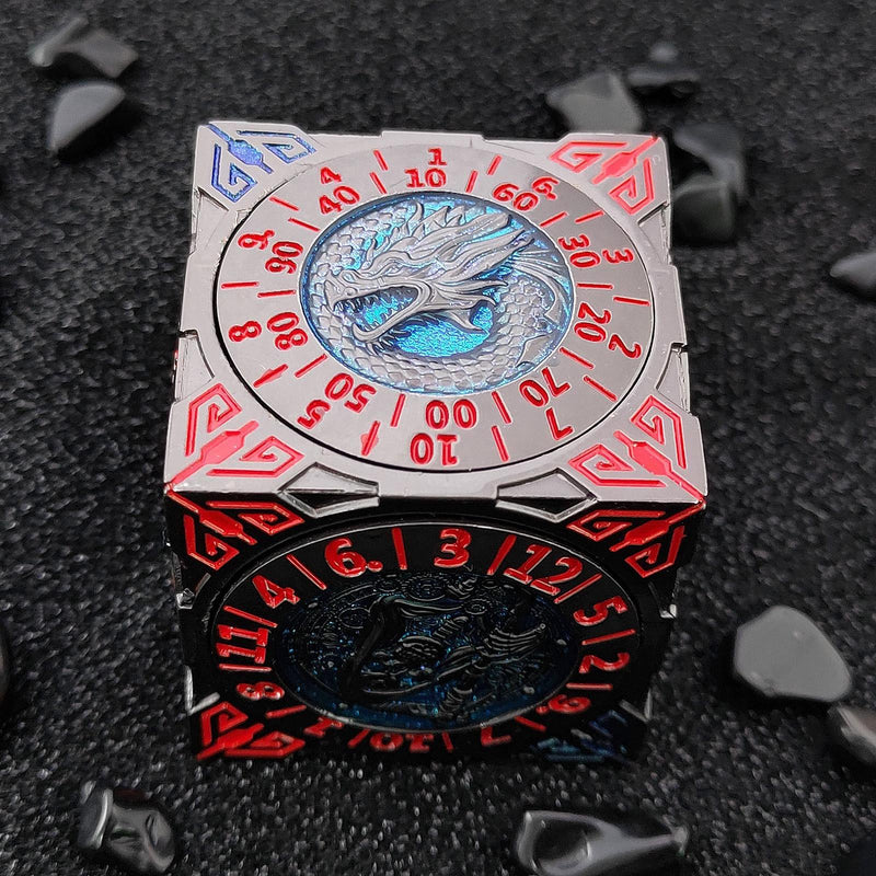 Close-up of Spinning Metal Dice Tower 7-in-1 — tabletop RPG dice set