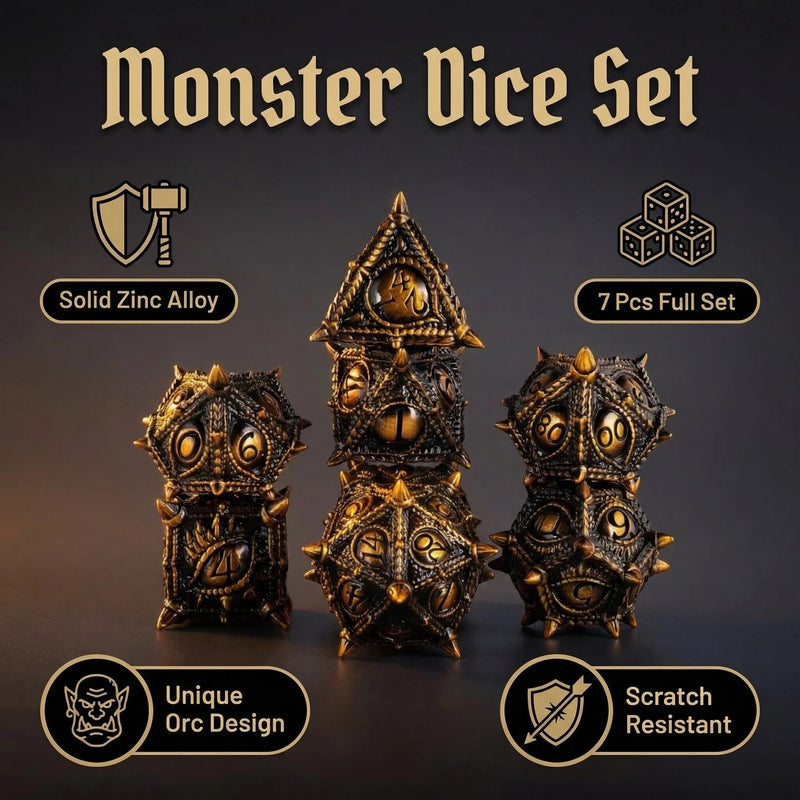 Dragon Eye Golden Pupil Metal Dice Set — heavy metal DND dice set for tabletop RPG
