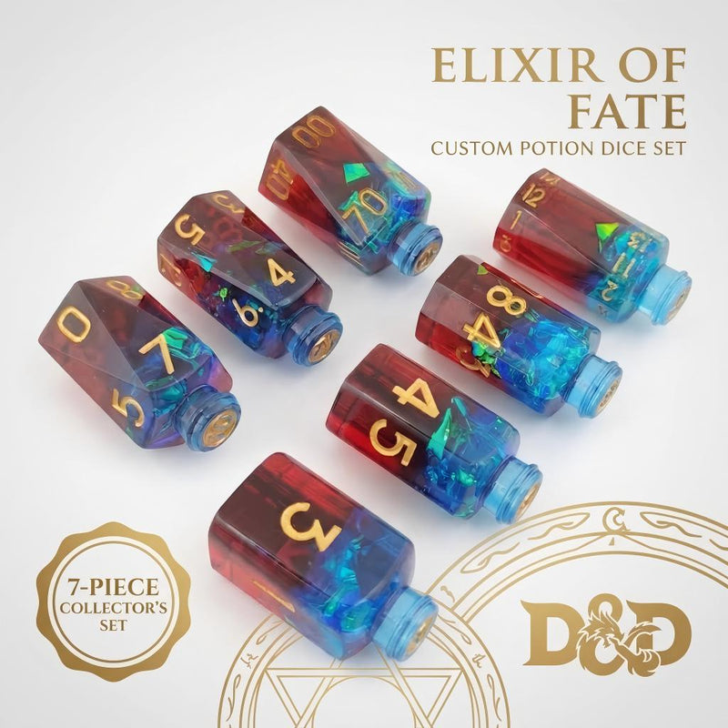 bottle-shaped dice with colored liquid inside each die — DND gaming accessory