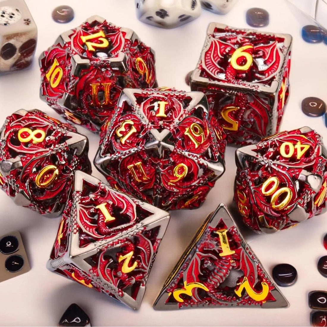 Hollow Cthulhu Dragon pattern metal DND dice set with intricate D20 detail