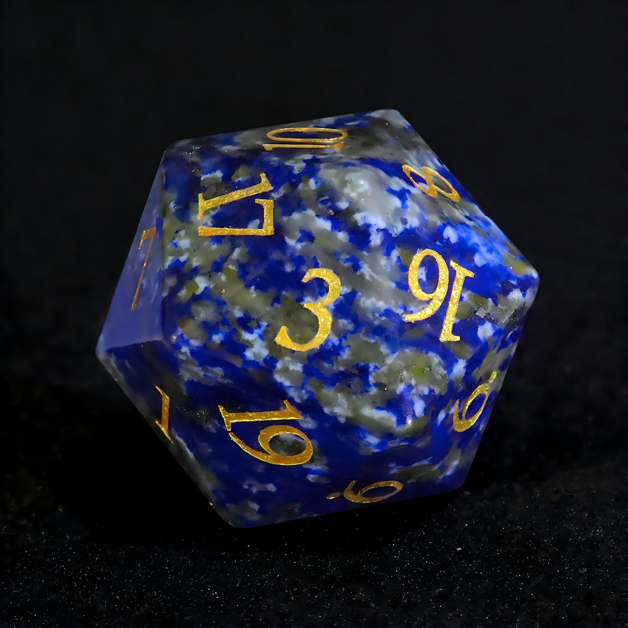 Lapis lazuli polyhedral DND dice set with deep blue stone and gold pyrite flecks