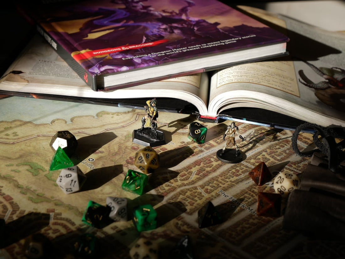 colorful DND polyhedral dice sets arranged on a gaming table