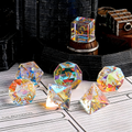 Close-up of clear with holographic rainbow surface iridescence crystal D20 for Dungeons and Dragons