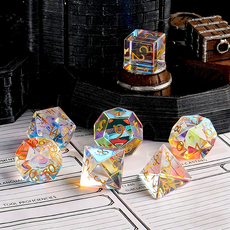Close-up of clear with holographic rainbow surface iridescence crystal D20 for Dungeons and Dragons