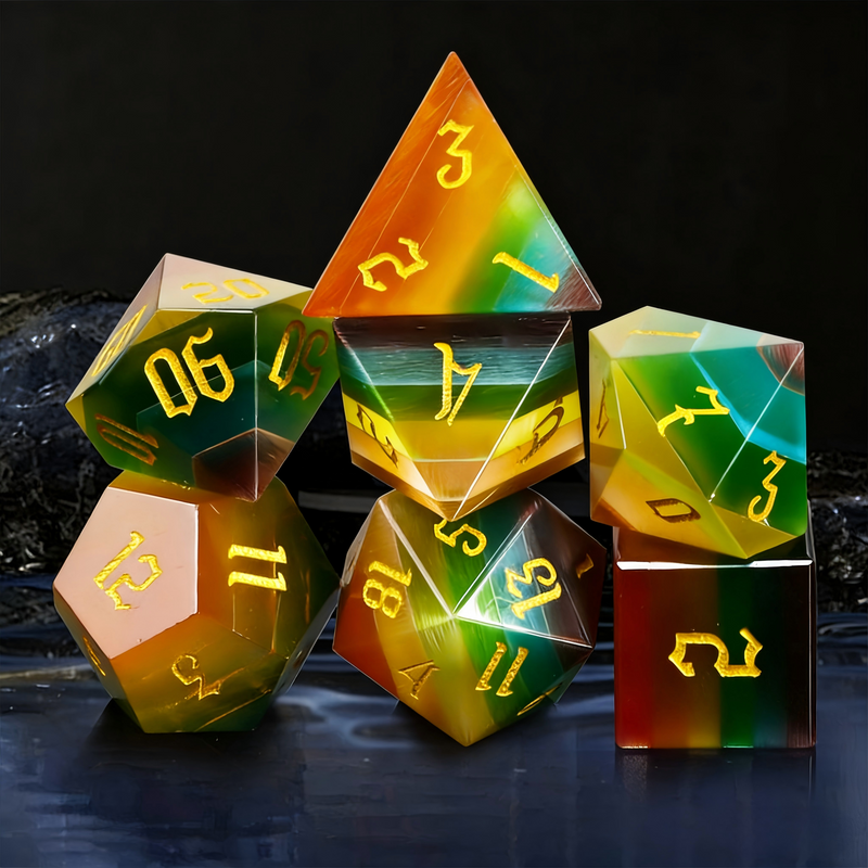 rainbow cat's eye stone polyhedral dice for Dungeons and Dragons — 7-piece set