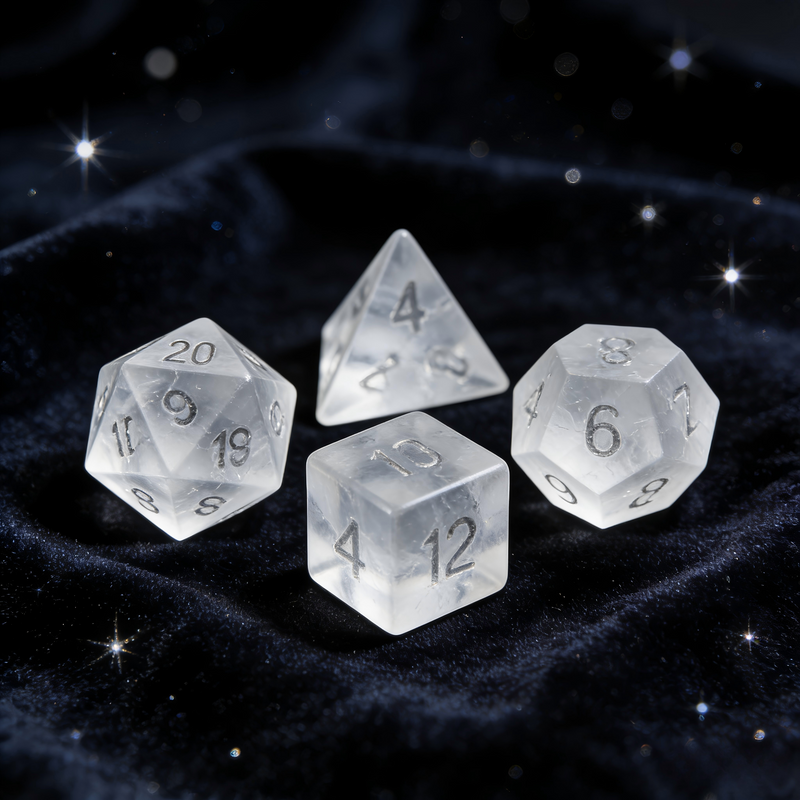 Close-up of transparent frosted with gold crackle veining crystal D20 for Dungeons and Dragons