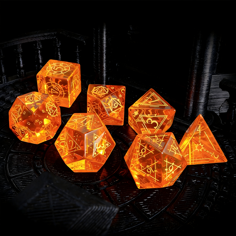 Orange Glass DND Dice Set — premium crystal dice for tabletop RPG