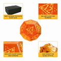 translucent amber-orange glowing glass polyhedral dice — D4 D6 D8 D10 D12 D20 for D&D 5e