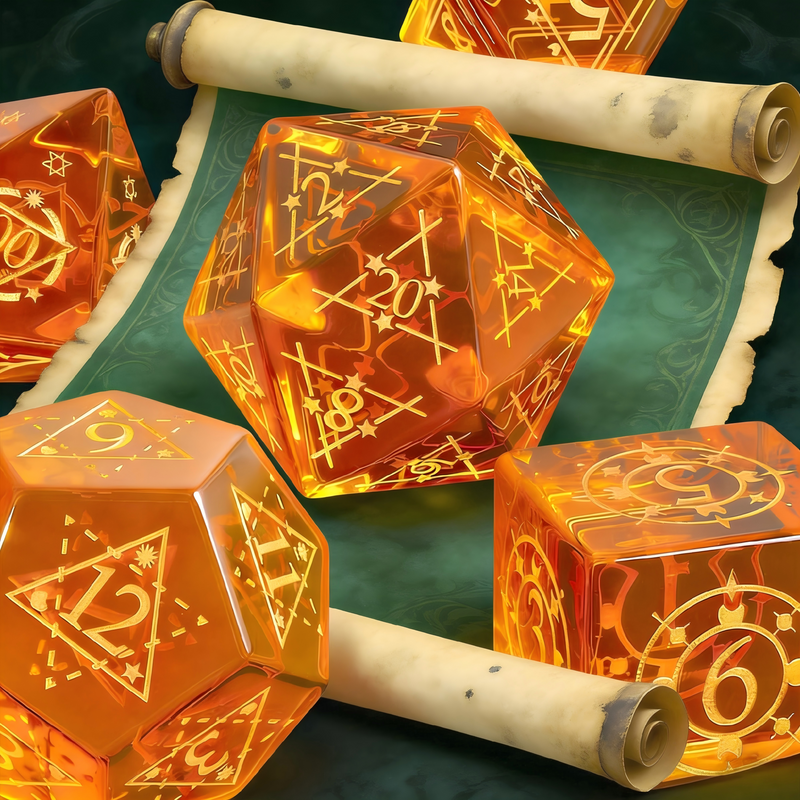 Close-up of translucent amber-orange glowing glass crystal D20 for Dungeons and Dragons