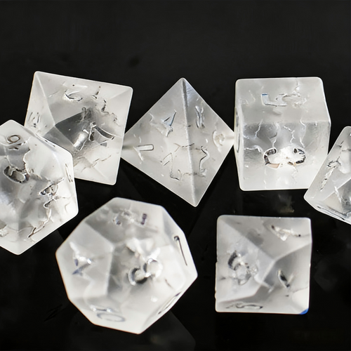 7-piece transparent frosted with gold crackle veining crystal DND dice set for tabletop RPG