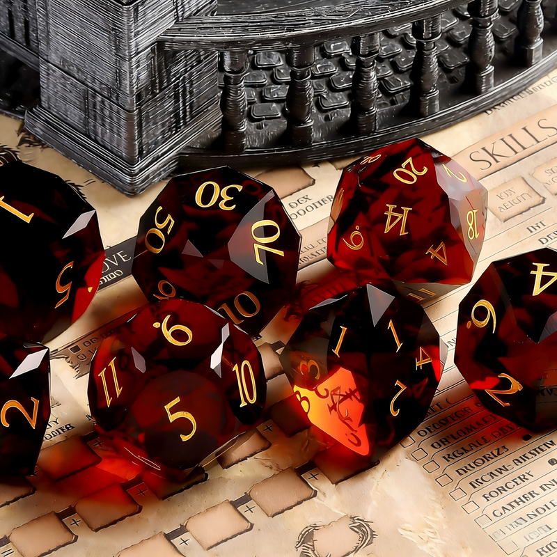 7-piece deep crimson red with geometric facets crystal DND dice set for tabletop RPG