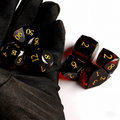 deep crimson red with geometric facets polyhedral dice — D4 D6 D8 D10 D12 D20 for D&D 5e
