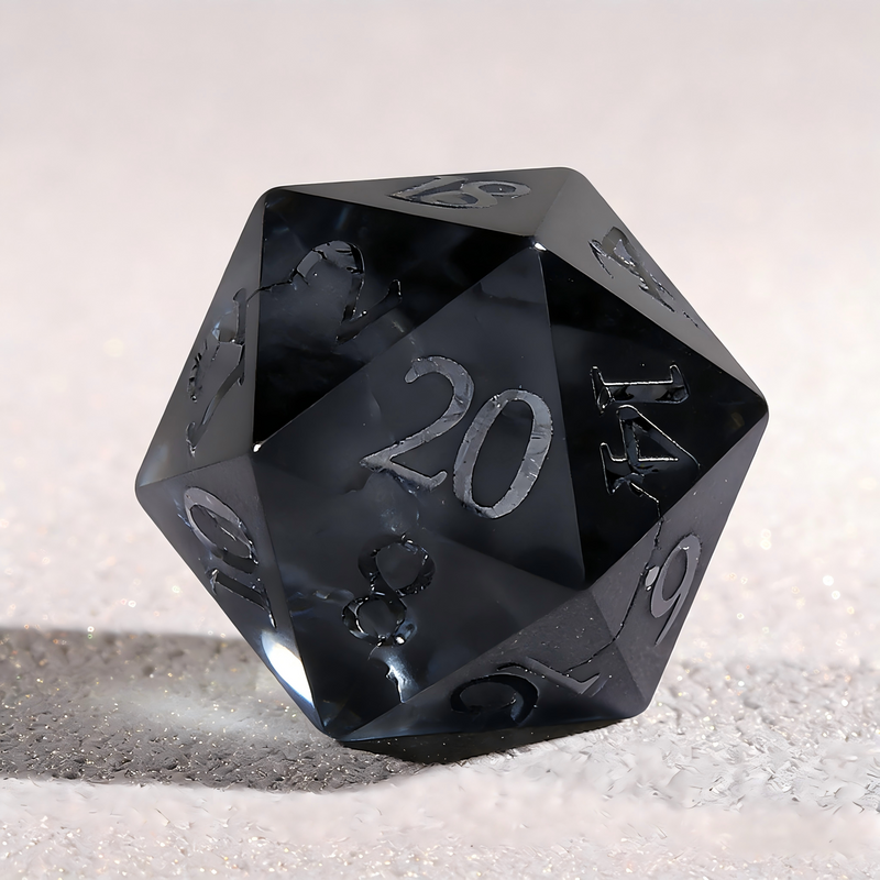 7-piece smoky grey frosted with silver crackle veining crystal DND dice set for tabletop RPG