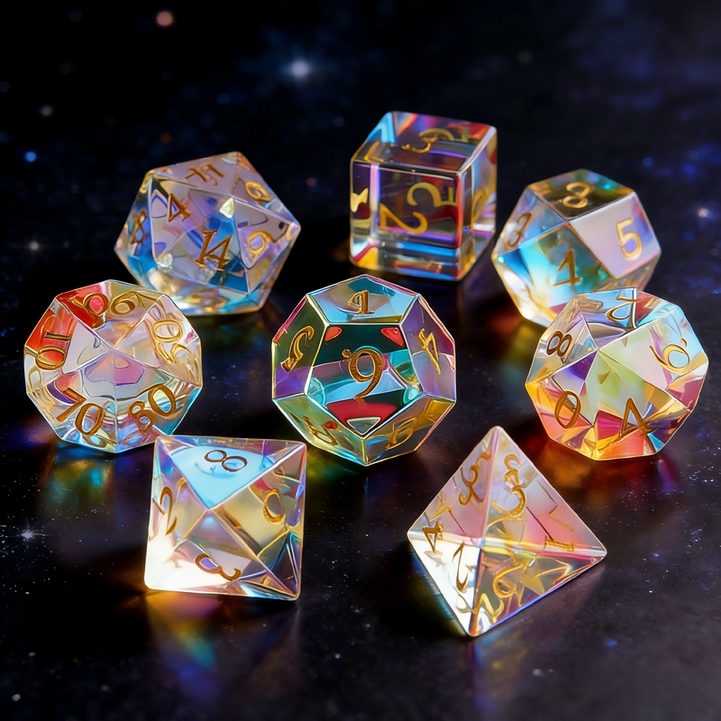 Iridescent Crystal Polyhedral DND Dice Set — premium crystal dice for tabletop RPG