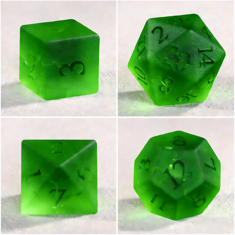 Close-up of deep emerald green crackle glass crystal D20 for Dungeons and Dragons