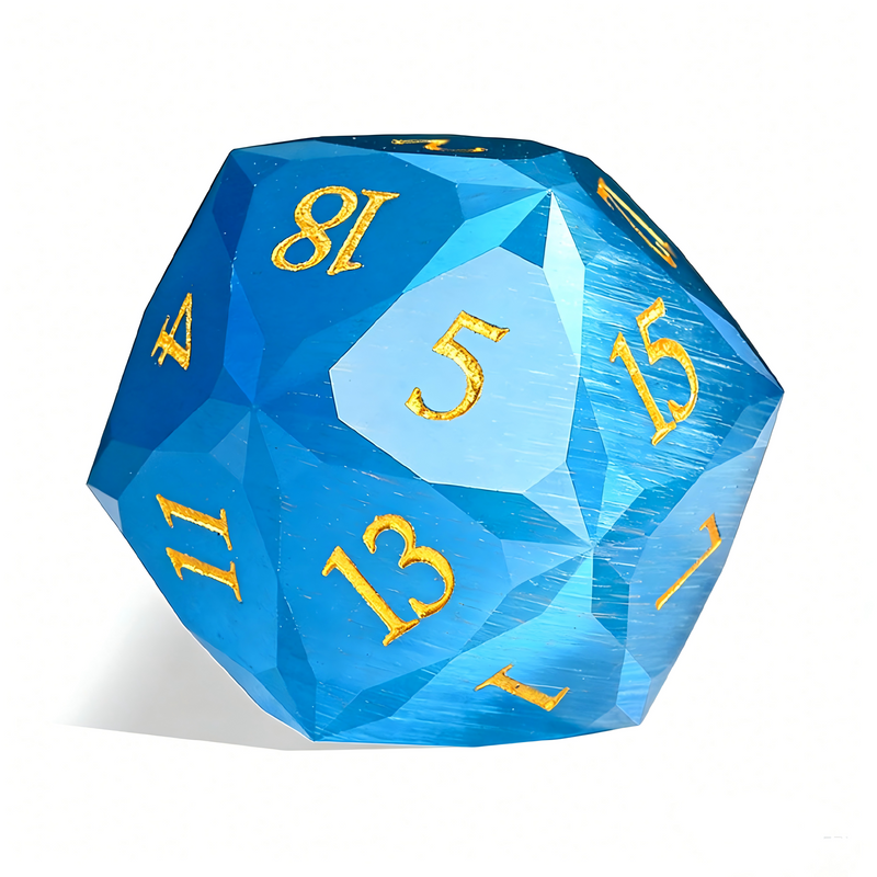 7-piece cat's eye stone DND dice set — electric sapphire blue with white chatoyant line with chatoyant shimmer