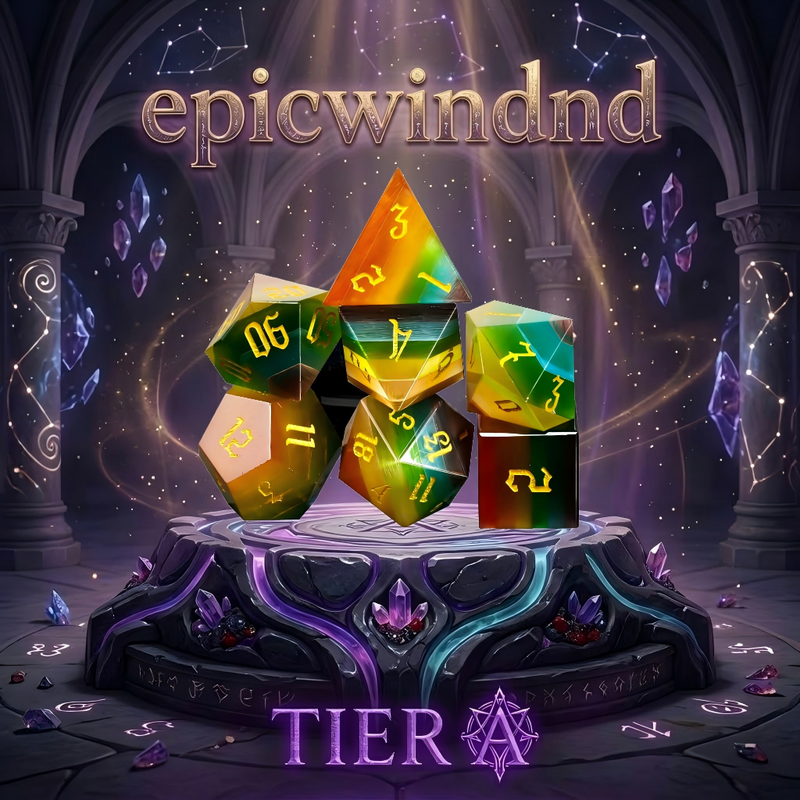 rainbow cat's eye stone polyhedral dice set for D&D — shifting multicolor with prismatic white light band, 7pcs