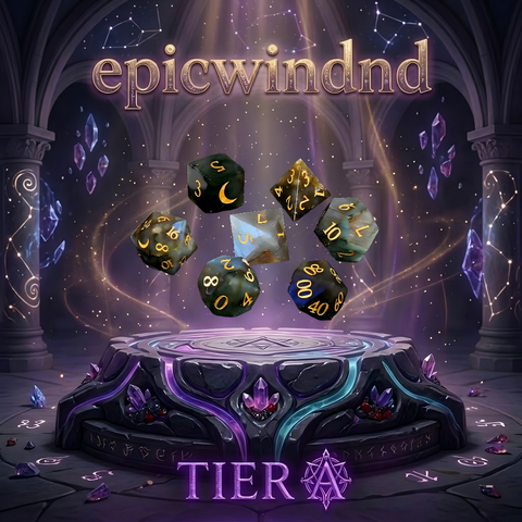 labradorite polyhedral dice set for D&D — dark grey with electric blue and gold iridescence, 7pcs