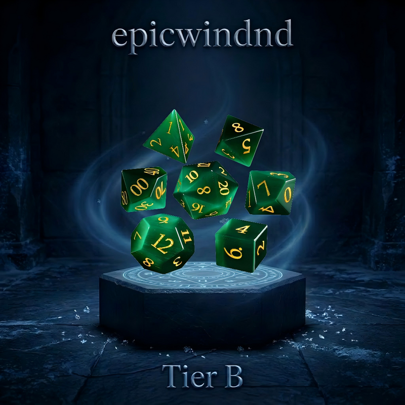 jade green cat's eye stone polyhedral dice set for D&D — cool jade green with luminous shimmer band, 7pcs