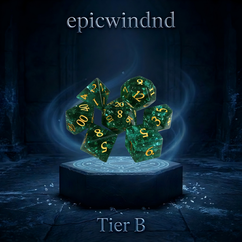 Shattered Green K9 Crystal Dice Set — K9 crystal polyhedral dice for D&D, 7pcs