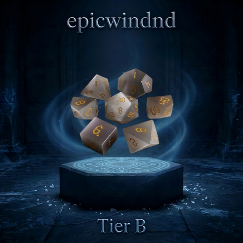 grey cat's eye crystal polyhedral dice set for D&D — misty silver-grey with sharp white light band, 7pcs