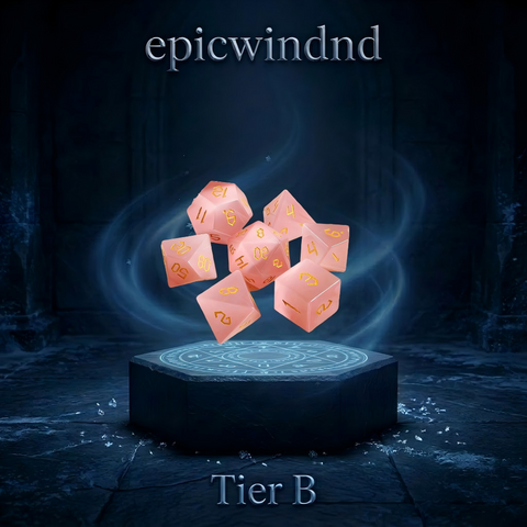 pink cat's eye crystal polyhedral dice set for D&D — soft rose pink with warm white chatoyant line, 7pcs