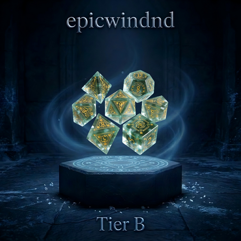 green aventurine polyhedral dice set for D&D — shimmering forest green with gold sparkle, 7pcs