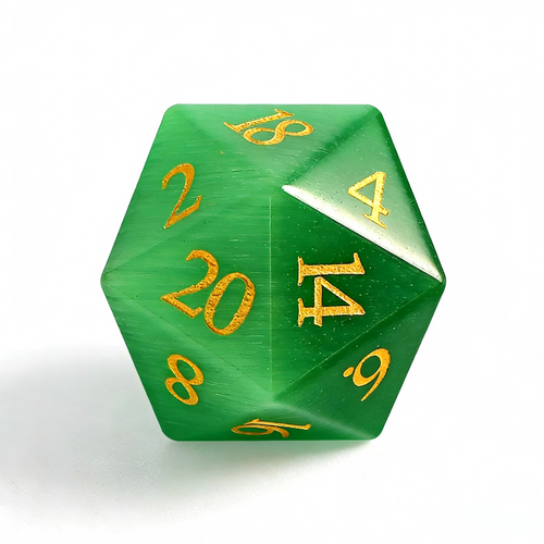 7-piece cat's eye stone DND dice set — deep forest green with bright light streak with chatoyant shimmer