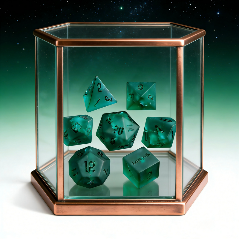 Close-up of transparent frosted with delicate crackle pattern crystal D20 for Dungeons and Dragons