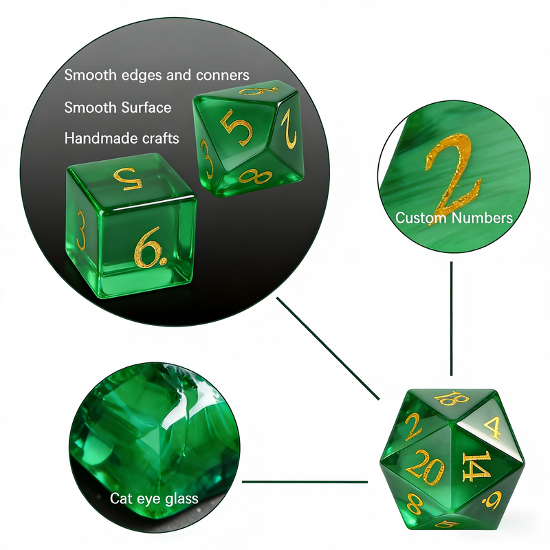 Close-up of green cat's eye stone D20 showing light band effect — tabletop RPG dice