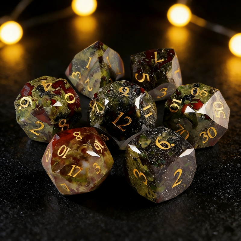 Close-up of dragon bloodstone D20 die for tabletop RPG — dark green with crimson veining