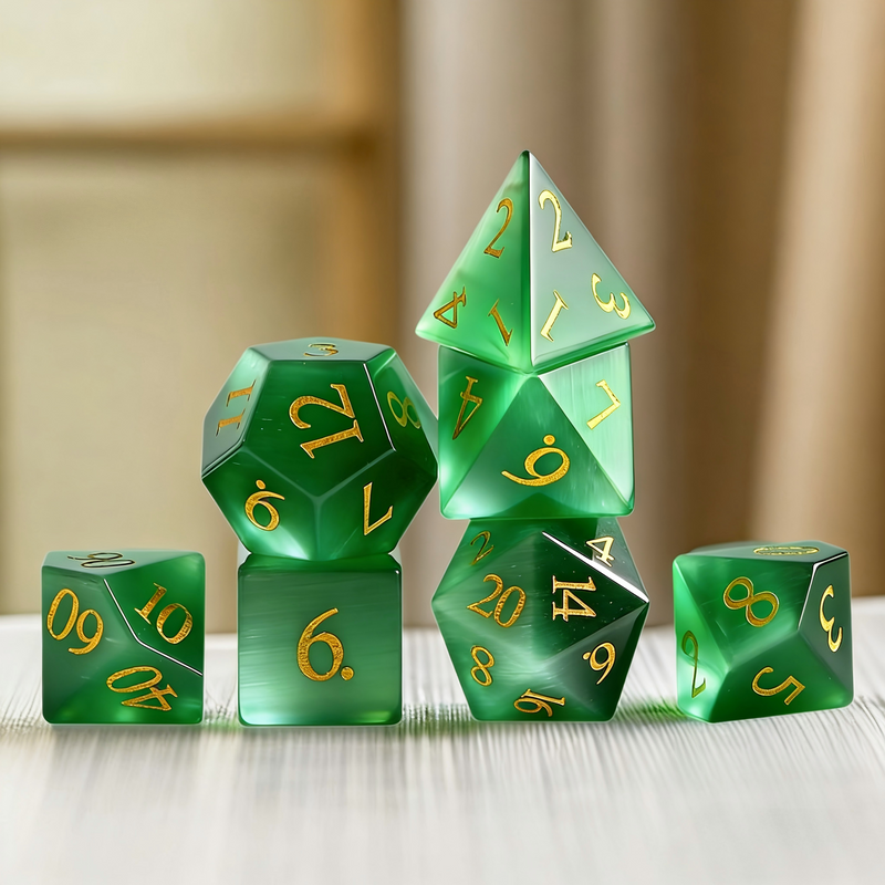 green cat's eye stone polyhedral dice for Dungeons and Dragons — 7-piece set