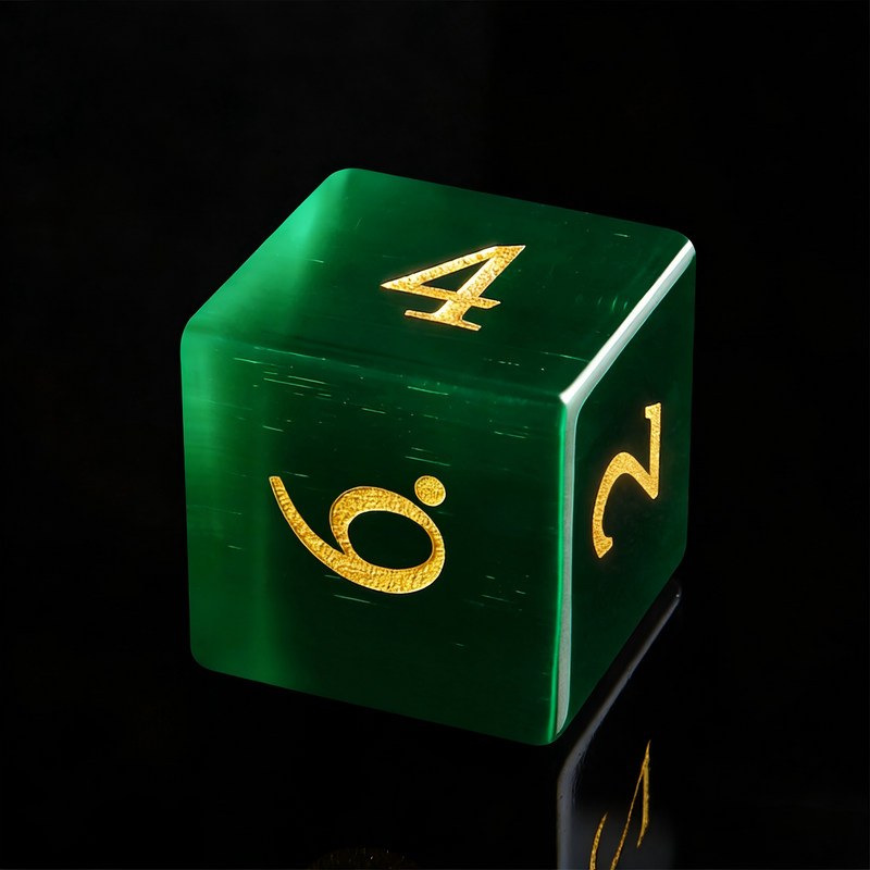 7-piece cat's eye stone DND dice set — cool jade green with luminous shimmer band with chatoyant shimmer