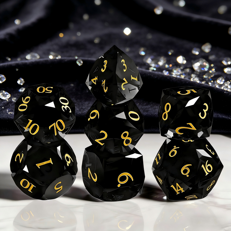 Close-up of clear charcoal grey with smoke-and-glass effect crystal D20 for Dungeons and Dragons