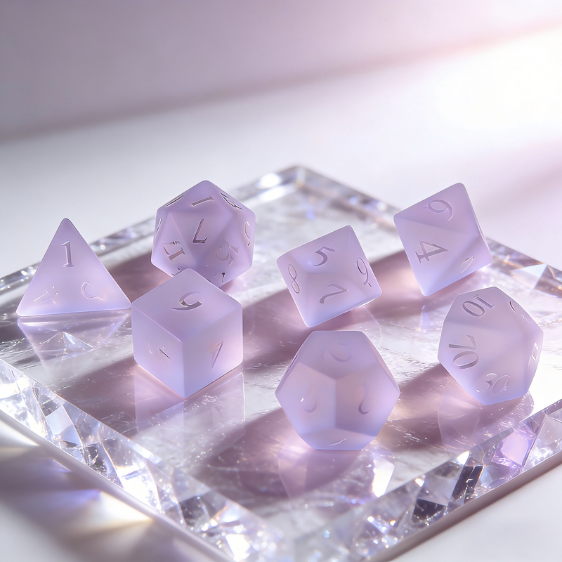 Frosted Lavender Crystal Dice Set — premium crystal dice for tabletop RPG