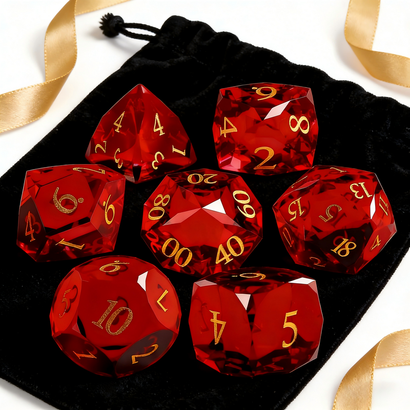 Close-up of bold red with internal crystal luminescence crystal D20 for Dungeons and Dragons