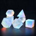 7-piece frosted white with rainbow iridescent color shift crystal DND dice set for tabletop RPG