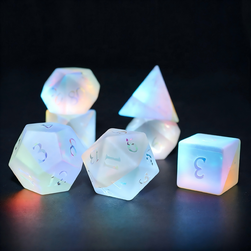 7-piece frosted white with rainbow iridescent color shift crystal DND dice set for tabletop RPG